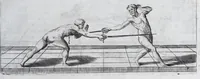 Picture 16 of 55 from Della vera pratica & scienza d'armi libri due : nel primo de quali si tratta li fondamenti della spada sola, le raggioni di spada e pugnale, & di spada e cappa : nel secondo, si dà regole per ferire il nemico subito posto mano alla spada, altre di cosi subita rissolutione con spada e pugnale, & altre ancora per ferire senza fermarsi con spada e pugnale : il tutto in questa seconda editione non solo descritto ma rappresentato alla vista da cento e nouantacinque figure di rame diligentissimamente intagliate (1624), leaf 89