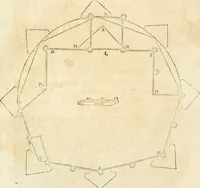 An illustration from Delle fortificationi di Bvonaivto Lorini, nobile fiorentino, libri cinque : ne' qvali si mostra con le piv facili regole la scienza con la pratica, di fortificare le citta & altri luoghi sopra diuersi siti, con tvtti gli avvertimenti, che per intelligenza di tal materia possono occorrere .. (1597)