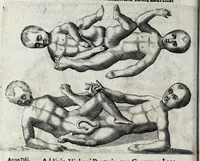 An illustration from De monstrorum caussis, natura, et differentiis libri duo : in quibus ex rei natura monstrorum historiae, caussae, generationes, & differentiae plurimae a sapientibus intactae : cum generatim & in plantarum, & belluarum genere, tum seorsum in humana specie tractantur : multis illustrium autorum locis difficillimis explanatis de masculo parturiente, de feminis in viros mutatis, de hermaphroditorum natura, de dissimilium specierum : venere prolifica, de castratorum fecunditate, depuero lapidescente, de anomantis aurea parte, alijsque admirabilibus (1634)