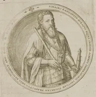 An illustration from Genealogia Ranzoviana Aedita Ao. 1587 : Cui nunc denuo additæ sunt aliquot Ranzoviorum effigies ac imagines nonnullæ, partim a Goltzio & Hogenbergio cupro expressæ, [Henr. Rantzau] ; [Med 2 kobberst. Vaaben, 9 Portr. og 1 Afbildning, samt Digte af Sal. Frenzel, Paul. Melissus Myrtilleti, Henn. Conradinus, Cph. Sylvius, Reusner, Heinr. Meibom, M. Rodomannus og Matth. Dress] (1587)