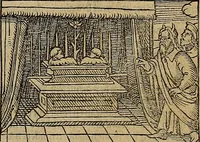 An illustration from Den Bibel, met grooter neersticheyt gecorrigeert : eñ op die canten gheset den ouderdom der werelt : ende hoe lange die gheschiedenissen ende historien der Bibelen elck int zijn voor Christus gheboorte gheweest zijn : ende daer bi vergadert wt fasciculus temporum, ende wt dye cronike va alder werelt, die principael historie der machtiger heydenscher conincrijcke, daer die heylige scrift oock dickwils af vermaent, tot een claerder verstant der Bibelscher historien : ende oock een onderscheyt der tijden te hebben (1535)