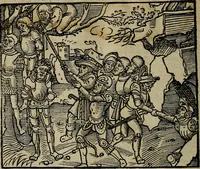 An illustration from Den Bibel, met grooter neersticheyt gecorrigeert : eñ op die canten gheset den ouderdom der werelt : ende hoe lange die gheschiedenissen ende historien der Bibelen elck int zijn voor Christus gheboorte gheweest zijn : ende daer bi vergadert wt fasciculus temporum, ende wt dye cronike va alder werelt, die principael historie der machtiger heydenscher conincrijcke, daer die heylige scrift oock dickwils af vermaent, tot een claerder verstant der Bibelscher historien : ende oock een onderscheyt der tijden te hebben (1535)