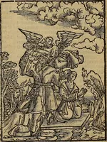 An illustration from Den Bibel, met grooter neersticheyt gecorrigeert : eñ op die canten gheset den ouderdom der werelt : ende hoe lange die gheschiedenissen ende historien der Bibelen elck int zijn voor Christus gheboorte gheweest zijn : ende daer bi vergadert wt fasciculus temporum, ende wt dye cronike va alder werelt, die principael historie der machtiger heydenscher conincrijcke, daer die heylige scrift oock dickwils af vermaent, tot een claerder verstant der Bibelscher historien : ende oock een onderscheyt der tijden te hebben (1535)