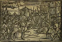An illustration from Den Bibel, met grooter neersticheyt gecorrigeert : eñ op die canten gheset den ouderdom der werelt : ende hoe lange die gheschiedenissen ende historien der Bibelen elck int zijn voor Christus gheboorte gheweest zijn : ende daer bi vergadert wt fasciculus temporum, ende wt dye cronike va alder werelt, die principael historie der machtiger heydenscher conincrijcke, daer die heylige scrift oock dickwils af vermaent, tot een claerder verstant der Bibelscher historien : ende oock een onderscheyt der tijden te hebben (1535)