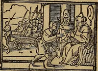 An illustration from Den Bibel, met grooter neersticheyt gecorrigeert : eñ op die canten gheset den ouderdom der werelt : ende hoe lange die gheschiedenissen ende historien der Bibelen elck int zijn voor Christus gheboorte gheweest zijn : ende daer bi vergadert wt fasciculus temporum, ende wt dye cronike va alder werelt, die principael historie der machtiger heydenscher conincrijcke, daer die heylige scrift oock dickwils af vermaent, tot een claerder verstant der Bibelscher historien : ende oock een onderscheyt der tijden te hebben (1535)