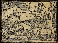 An illustration from Den Bibel, met grooter neersticheyt gecorrigeert : eñ op die canten gheset den ouderdom der werelt : ende hoe lange die gheschiedenissen ende historien der Bibelen elck int zijn voor Christus gheboorte gheweest zijn : ende daer bi vergadert wt fasciculus temporum, ende wt dye cronike va alder werelt, die principael historie der machtiger heydenscher conincrijcke, daer die heylige scrift oock dickwils af vermaent, tot een claerder verstant der Bibelscher historien : ende oock een onderscheyt der tijden te hebben (1535)