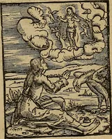 An illustration from Den Bibel, met grooter neersticheyt gecorrigeert : eñ op die canten gheset den ouderdom der werelt : ende hoe lange die gheschiedenissen ende historien der Bibelen elck int zijn voor Christus gheboorte gheweest zijn : ende daer bi vergadert wt fasciculus temporum, ende wt dye cronike va alder werelt, die principael historie der machtiger heydenscher conincrijcke, daer die heylige scrift oock dickwils af vermaent, tot een claerder verstant der Bibelscher historien : ende oock een onderscheyt der tijden te hebben (1535)