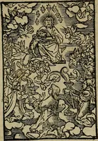 An illustration from Den Bibel, met grooter neersticheyt gecorrigeert : eñ op die canten gheset den ouderdom der werelt : ende hoe lange die gheschiedenissen ende historien der Bibelen elck int zijn voor Christus gheboorte gheweest zijn : ende daer bi vergadert wt fasciculus temporum, ende wt dye cronike va alder werelt, die principael historie der machtiger heydenscher conincrijcke, daer die heylige scrift oock dickwils af vermaent, tot een claerder verstant der Bibelscher historien : ende oock een onderscheyt der tijden te hebben (1535)