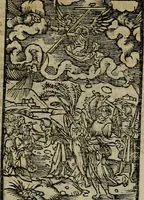 An illustration from Den Bibel, met grooter neersticheyt gecorrigeert : eñ op die canten gheset den ouderdom der werelt : ende hoe lange die gheschiedenissen ende historien der Bibelen elck int zijn voor Christus gheboorte gheweest zijn : ende daer bi vergadert wt fasciculus temporum, ende wt dye cronike va alder werelt, die principael historie der machtiger heydenscher conincrijcke, daer die heylige scrift oock dickwils af vermaent, tot een claerder verstant der Bibelscher historien : ende oock een onderscheyt der tijden te hebben (1535)