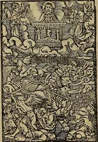 An illustration from Den Bibel, met grooter neersticheyt gecorrigeert : eñ op die canten gheset den ouderdom der werelt : ende hoe lange die gheschiedenissen ende historien der Bibelen elck int zijn voor Christus gheboorte gheweest zijn : ende daer bi vergadert wt fasciculus temporum, ende wt dye cronike va alder werelt, die principael historie der machtiger heydenscher conincrijcke, daer die heylige scrift oock dickwils af vermaent, tot een claerder verstant der Bibelscher historien : ende oock een onderscheyt der tijden te hebben (1535)