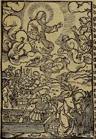 An illustration from Den Bibel, met grooter neersticheyt gecorrigeert : eñ op die canten gheset den ouderdom der werelt : ende hoe lange die gheschiedenissen ende historien der Bibelen elck int zijn voor Christus gheboorte gheweest zijn : ende daer bi vergadert wt fasciculus temporum, ende wt dye cronike va alder werelt, die principael historie der machtiger heydenscher conincrijcke, daer die heylige scrift oock dickwils af vermaent, tot een claerder verstant der Bibelscher historien : ende oock een onderscheyt der tijden te hebben (1535)