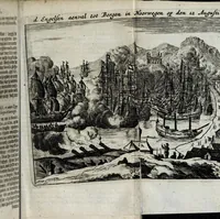 An illustration from Den Engelsen en Munstersen oorlogh t'egen de Vrye Vereenighde Nederlanden : beginnede in den jare 1664 en eyndigende met het sluyten van de vrede tot Breda, anno 1667, in 't kort beschreven : met de autenthijcke stucken en brieven van die geene, die den oorlogh en vredehandel self hebben by gewoont : nebens een inleydingh bevattende de ballinghschap en herstellingh van den tegenwoordigen Koningh van Engelandt (1668)
