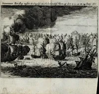 An illustration from Den Engelsen en Munstersen oorlogh t'egen de Vrye Vereenighde Nederlanden : beginnede in den jare 1664 en eyndigende met het sluyten van de vrede tot Breda, anno 1667, in 't kort beschreven : met de autenthijcke stucken en brieven van die geene, die den oorlogh en vredehandel self hebben by gewoont : nebens een inleydingh bevattende de ballinghschap en herstellingh van den tegenwoordigen Koningh van Engelandt (1668)