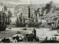 An illustration from Den Engelsen en Munstersen oorlogh t'egen de Vrye Vereenighde Nederlanden : beginnede in den jare 1664 en eyndigende met het sluyten van de vrede tot Breda, anno 1667, in 't kort beschreven : met de autenthijcke stucken en brieven van die geene, die den oorlogh en vredehandel self hebben by gewoont : nebens een inleydingh bevattende de ballinghschap en herstellingh van den tegenwoordigen Koningh van Engelandt (1668)