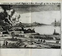 An illustration from Den Engelsen en Munstersen oorlogh t'egen de Vrye Vereenighde Nederlanden : beginnede in den jare 1664 en eyndigende met het sluyten van de vrede tot Breda, anno 1667, in 't kort beschreven : met de autenthijcke stucken en brieven van die geene, die den oorlogh en vredehandel self hebben by gewoont : nebens een inleydingh bevattende de ballinghschap en herstellingh van den tegenwoordigen Koningh van Engelandt (1668)