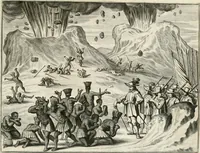 An illustration from De nieuwe en onbekende weereld, of, Beschryving van America en 't zuid-land : vervaetende d'oorsprong der Americaenen en zuid-landers, gedenkwaerdige togten derwaerds, gelegendheid der vaste kusten, eilanden, steden, sterkten, dorpen, tempels, bergen, fonteinen, stroomen, huisen, de natuur van beesten, boomen, planten en vreemde gewasschen, Gods-dienst en zeden, wonderlijke voorvallen, vereeuwde en nieuwe oorlogen: verciert met af-beeldsels na 't leven in America gemaekt, (1671)