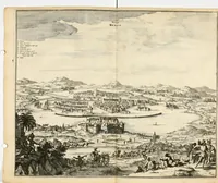 Picture 23 of 130 from De nieuwe en onbekende weereld, of, Beschryving van America en 't zuid-land : vervaetende d'oorsprong der Americaenen en zuid-landers, gedenkwaerdige togten derwaerds, gelegendheid der vaste kusten, eilanden, steden, sterkten, dorpen, tempels, bergen, fonteinen, stroomen, huisen, de natuur van beesten, boomen, planten en vreemde gewasschen, Gods-dienst en zeden, wonderlijke voorvallen, vereeuwde en nieuwe oorlogen: verciert met af-beeldsels na 't leven in America gemaekt, (1671), leaf 105