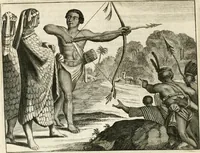 Picture 25 of 130 from De nieuwe en onbekende weereld, of, Beschryving van America en 't zuid-land : vervaetende d'oorsprong der Americaenen en zuid-landers, gedenkwaerdige togten derwaerds, gelegendheid der vaste kusten, eilanden, steden, sterkten, dorpen, tempels, bergen, fonteinen, stroomen, huisen, de natuur van beesten, boomen, planten en vreemde gewasschen, Gods-dienst en zeden, wonderlijke voorvallen, vereeuwde en nieuwe oorlogen: verciert met af-beeldsels na 't leven in America gemaekt, (1671), leaf 111