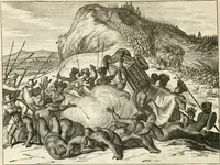 Picture 27 of 130 from De nieuwe en onbekende weereld, of, Beschryving van America en 't zuid-land : vervaetende d'oorsprong der Americaenen en zuid-landers, gedenkwaerdige togten derwaerds, gelegendheid der vaste kusten, eilanden, steden, sterkten, dorpen, tempels, bergen, fonteinen, stroomen, huisen, de natuur van beesten, boomen, planten en vreemde gewasschen, Gods-dienst en zeden, wonderlijke voorvallen, vereeuwde en nieuwe oorlogen: verciert met af-beeldsels na 't leven in America gemaekt, (1671), leaf 121