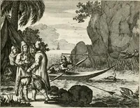 Picture 28 of 130 from De nieuwe en onbekende weereld, of, Beschryving van America en 't zuid-land : vervaetende d'oorsprong der Americaenen en zuid-landers, gedenkwaerdige togten derwaerds, gelegendheid der vaste kusten, eilanden, steden, sterkten, dorpen, tempels, bergen, fonteinen, stroomen, huisen, de natuur van beesten, boomen, planten en vreemde gewasschen, Gods-dienst en zeden, wonderlijke voorvallen, vereeuwde en nieuwe oorlogen: verciert met af-beeldsels na 't leven in America gemaekt, (1671), leaf 130