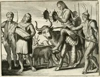 Picture 30 of 130 from De nieuwe en onbekende weereld, of, Beschryving van America en 't zuid-land : vervaetende d'oorsprong der Americaenen en zuid-landers, gedenkwaerdige togten derwaerds, gelegendheid der vaste kusten, eilanden, steden, sterkten, dorpen, tempels, bergen, fonteinen, stroomen, huisen, de natuur van beesten, boomen, planten en vreemde gewasschen, Gods-dienst en zeden, wonderlijke voorvallen, vereeuwde en nieuwe oorlogen: verciert met af-beeldsels na 't leven in America gemaekt, (1671), leaf 136