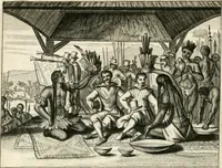 Picture 31 of 130 from De nieuwe en onbekende weereld, of, Beschryving van America en 't zuid-land : vervaetende d'oorsprong der Americaenen en zuid-landers, gedenkwaerdige togten derwaerds, gelegendheid der vaste kusten, eilanden, steden, sterkten, dorpen, tempels, bergen, fonteinen, stroomen, huisen, de natuur van beesten, boomen, planten en vreemde gewasschen, Gods-dienst en zeden, wonderlijke voorvallen, vereeuwde en nieuwe oorlogen: verciert met af-beeldsels na 't leven in America gemaekt, (1671), leaf 139