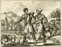 An illustration from De nieuwe en onbekende weereld, of, Beschryving van America en 't zuid-land : vervaetende d'oorsprong der Americaenen en zuid-landers, gedenkwaerdige togten derwaerds, gelegendheid der vaste kusten, eilanden, steden, sterkten, dorpen, tempels, bergen, fonteinen, stroomen, huisen, de natuur van beesten, boomen, planten en vreemde gewasschen, Gods-dienst en zeden, wonderlijke voorvallen, vereeuwde en nieuwe oorlogen: verciert met af-beeldsels na 't leven in America gemaekt, (1671)