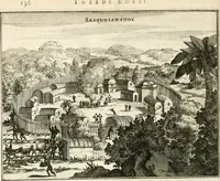 Picture 38 of 130 from De nieuwe en onbekende weereld, of, Beschryving van America en 't zuid-land : vervaetende d'oorsprong der Americaenen en zuid-landers, gedenkwaerdige togten derwaerds, gelegendheid der vaste kusten, eilanden, steden, sterkten, dorpen, tempels, bergen, fonteinen, stroomen, huisen, de natuur van beesten, boomen, planten en vreemde gewasschen, Gods-dienst en zeden, wonderlijke voorvallen, vereeuwde en nieuwe oorlogen: verciert met af-beeldsels na 't leven in America gemaekt, (1671), leaf 169