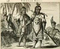 Picture 39 of 130 from De nieuwe en onbekende weereld, of, Beschryving van America en 't zuid-land : vervaetende d'oorsprong der Americaenen en zuid-landers, gedenkwaerdige togten derwaerds, gelegendheid der vaste kusten, eilanden, steden, sterkten, dorpen, tempels, bergen, fonteinen, stroomen, huisen, de natuur van beesten, boomen, planten en vreemde gewasschen, Gods-dienst en zeden, wonderlijke voorvallen, vereeuwde en nieuwe oorlogen: verciert met af-beeldsels na 't leven in America gemaekt, (1671), leaf 171