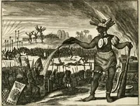 Picture 44 of 130 from De nieuwe en onbekende weereld, of, Beschryving van America en 't zuid-land : vervaetende d'oorsprong der Americaenen en zuid-landers, gedenkwaerdige togten derwaerds, gelegendheid der vaste kusten, eilanden, steden, sterkten, dorpen, tempels, bergen, fonteinen, stroomen, huisen, de natuur van beesten, boomen, planten en vreemde gewasschen, Gods-dienst en zeden, wonderlijke voorvallen, vereeuwde en nieuwe oorlogen: verciert met af-beeldsels na 't leven in America gemaekt, (1671), leaf 187