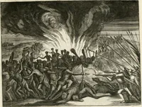 Picture 58 of 130 from De nieuwe en onbekende weereld, of, Beschryving van America en 't zuid-land : vervaetende d'oorsprong der Americaenen en zuid-landers, gedenkwaerdige togten derwaerds, gelegendheid der vaste kusten, eilanden, steden, sterkten, dorpen, tempels, bergen, fonteinen, stroomen, huisen, de natuur van beesten, boomen, planten en vreemde gewasschen, Gods-dienst en zeden, wonderlijke voorvallen, vereeuwde en nieuwe oorlogen: verciert met af-beeldsels na 't leven in America gemaekt, (1671), leaf 256