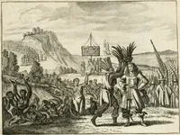 Picture 59 of 130 from De nieuwe en onbekende weereld, of, Beschryving van America en 't zuid-land : vervaetende d'oorsprong der Americaenen en zuid-landers, gedenkwaerdige togten derwaerds, gelegendheid der vaste kusten, eilanden, steden, sterkten, dorpen, tempels, bergen, fonteinen, stroomen, huisen, de natuur van beesten, boomen, planten en vreemde gewasschen, Gods-dienst en zeden, wonderlijke voorvallen, vereeuwde en nieuwe oorlogen: verciert met af-beeldsels na 't leven in America gemaekt, (1671), leaf 262