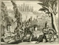 Picture 7 of 130 from De nieuwe en onbekende weereld, of, Beschryving van America en 't zuid-land : vervaetende d'oorsprong der Americaenen en zuid-landers, gedenkwaerdige togten derwaerds, gelegendheid der vaste kusten, eilanden, steden, sterkten, dorpen, tempels, bergen, fonteinen, stroomen, huisen, de natuur van beesten, boomen, planten en vreemde gewasschen, Gods-dienst en zeden, wonderlijke voorvallen, vereeuwde en nieuwe oorlogen: verciert met af-beeldsels na 't leven in America gemaekt, (1671), leaf 27