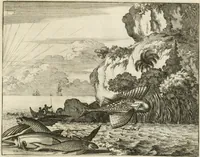 Picture 62 of 130 from De nieuwe en onbekende weereld, of, Beschryving van America en 't zuid-land : vervaetende d'oorsprong der Americaenen en zuid-landers, gedenkwaerdige togten derwaerds, gelegendheid der vaste kusten, eilanden, steden, sterkten, dorpen, tempels, bergen, fonteinen, stroomen, huisen, de natuur van beesten, boomen, planten en vreemde gewasschen, Gods-dienst en zeden, wonderlijke voorvallen, vereeuwde en nieuwe oorlogen: verciert met af-beeldsels na 't leven in America gemaekt, (1671), leaf 278