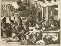 Picture 64 of 130 from De nieuwe en onbekende weereld, of, Beschryving van America en 't zuid-land : vervaetende d'oorsprong der Americaenen en zuid-landers, gedenkwaerdige togten derwaerds, gelegendheid der vaste kusten, eilanden, steden, sterkten, dorpen, tempels, bergen, fonteinen, stroomen, huisen, de natuur van beesten, boomen, planten en vreemde gewasschen, Gods-dienst en zeden, wonderlijke voorvallen, vereeuwde en nieuwe oorlogen: verciert met af-beeldsels na 't leven in America gemaekt, (1671), leaf 284