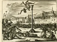 Picture 66 of 130 from De nieuwe en onbekende weereld, of, Beschryving van America en 't zuid-land : vervaetende d'oorsprong der Americaenen en zuid-landers, gedenkwaerdige togten derwaerds, gelegendheid der vaste kusten, eilanden, steden, sterkten, dorpen, tempels, bergen, fonteinen, stroomen, huisen, de natuur van beesten, boomen, planten en vreemde gewasschen, Gods-dienst en zeden, wonderlijke voorvallen, vereeuwde en nieuwe oorlogen: verciert met af-beeldsels na 't leven in America gemaekt, (1671), leaf 297