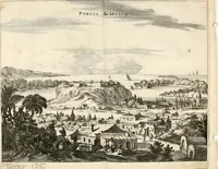 Picture 68 of 130 from De nieuwe en onbekende weereld, of, Beschryving van America en 't zuid-land : vervaetende d'oorsprong der Americaenen en zuid-landers, gedenkwaerdige togten derwaerds, gelegendheid der vaste kusten, eilanden, steden, sterkten, dorpen, tempels, bergen, fonteinen, stroomen, huisen, de natuur van beesten, boomen, planten en vreemde gewasschen, Gods-dienst en zeden, wonderlijke voorvallen, vereeuwde en nieuwe oorlogen: verciert met af-beeldsels na 't leven in America gemaekt, (1671), leaf 305