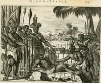 An illustration from De nieuwe en onbekende weereld, of, Beschryving van America en 't zuid-land : vervaetende d'oorsprong der Americaenen en zuid-landers, gedenkwaerdige togten derwaerds, gelegendheid der vaste kusten, eilanden, steden, sterkten, dorpen, tempels, bergen, fonteinen, stroomen, huisen, de natuur van beesten, boomen, planten en vreemde gewasschen, Gods-dienst en zeden, wonderlijke voorvallen, vereeuwde en nieuwe oorlogen: verciert met af-beeldsels na 't leven in America gemaekt, (1671)