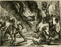 Picture 72 of 130 from De nieuwe en onbekende weereld, of, Beschryving van America en 't zuid-land : vervaetende d'oorsprong der Americaenen en zuid-landers, gedenkwaerdige togten derwaerds, gelegendheid der vaste kusten, eilanden, steden, sterkten, dorpen, tempels, bergen, fonteinen, stroomen, huisen, de natuur van beesten, boomen, planten en vreemde gewasschen, Gods-dienst en zeden, wonderlijke voorvallen, vereeuwde en nieuwe oorlogen: verciert met af-beeldsels na 't leven in America gemaekt, (1671), leaf 324