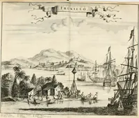Picture 75 of 130 from De nieuwe en onbekende weereld, of, Beschryving van America en 't zuid-land : vervaetende d'oorsprong der Americaenen en zuid-landers, gedenkwaerdige togten derwaerds, gelegendheid der vaste kusten, eilanden, steden, sterkten, dorpen, tempels, bergen, fonteinen, stroomen, huisen, de natuur van beesten, boomen, planten en vreemde gewasschen, Gods-dienst en zeden, wonderlijke voorvallen, vereeuwde en nieuwe oorlogen: verciert met af-beeldsels na 't leven in America gemaekt, (1671), leaf 341