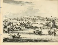 Picture 78 of 130 from De nieuwe en onbekende weereld, of, Beschryving van America en 't zuid-land : vervaetende d'oorsprong der Americaenen en zuid-landers, gedenkwaerdige togten derwaerds, gelegendheid der vaste kusten, eilanden, steden, sterkten, dorpen, tempels, bergen, fonteinen, stroomen, huisen, de natuur van beesten, boomen, planten en vreemde gewasschen, Gods-dienst en zeden, wonderlijke voorvallen, vereeuwde en nieuwe oorlogen: verciert met af-beeldsels na 't leven in America gemaekt, (1671), leaf 353