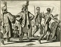 Picture 80 of 130 from De nieuwe en onbekende weereld, of, Beschryving van America en 't zuid-land : vervaetende d'oorsprong der Americaenen en zuid-landers, gedenkwaerdige togten derwaerds, gelegendheid der vaste kusten, eilanden, steden, sterkten, dorpen, tempels, bergen, fonteinen, stroomen, huisen, de natuur van beesten, boomen, planten en vreemde gewasschen, Gods-dienst en zeden, wonderlijke voorvallen, vereeuwde en nieuwe oorlogen: verciert met af-beeldsels na 't leven in America gemaekt, (1671), leaf 368