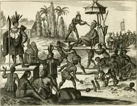 Picture 81 of 130 from De nieuwe en onbekende weereld, of, Beschryving van America en 't zuid-land : vervaetende d'oorsprong der Americaenen en zuid-landers, gedenkwaerdige togten derwaerds, gelegendheid der vaste kusten, eilanden, steden, sterkten, dorpen, tempels, bergen, fonteinen, stroomen, huisen, de natuur van beesten, boomen, planten en vreemde gewasschen, Gods-dienst en zeden, wonderlijke voorvallen, vereeuwde en nieuwe oorlogen: verciert met af-beeldsels na 't leven in America gemaekt, (1671), leaf 375