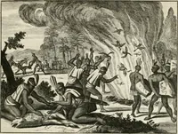 Picture 82 of 130 from De nieuwe en onbekende weereld, of, Beschryving van America en 't zuid-land : vervaetende d'oorsprong der Americaenen en zuid-landers, gedenkwaerdige togten derwaerds, gelegendheid der vaste kusten, eilanden, steden, sterkten, dorpen, tempels, bergen, fonteinen, stroomen, huisen, de natuur van beesten, boomen, planten en vreemde gewasschen, Gods-dienst en zeden, wonderlijke voorvallen, vereeuwde en nieuwe oorlogen: verciert met af-beeldsels na 't leven in America gemaekt, (1671), leaf 380