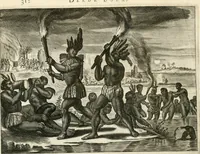 Picture 83 of 130 from De nieuwe en onbekende weereld, of, Beschryving van America en 't zuid-land : vervaetende d'oorsprong der Americaenen en zuid-landers, gedenkwaerdige togten derwaerds, gelegendheid der vaste kusten, eilanden, steden, sterkten, dorpen, tempels, bergen, fonteinen, stroomen, huisen, de natuur van beesten, boomen, planten en vreemde gewasschen, Gods-dienst en zeden, wonderlijke voorvallen, vereeuwde en nieuwe oorlogen: verciert met af-beeldsels na 't leven in America gemaekt, (1671), leaf 383