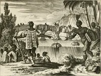 Picture 84 of 130 from De nieuwe en onbekende weereld, of, Beschryving van America en 't zuid-land : vervaetende d'oorsprong der Americaenen en zuid-landers, gedenkwaerdige togten derwaerds, gelegendheid der vaste kusten, eilanden, steden, sterkten, dorpen, tempels, bergen, fonteinen, stroomen, huisen, de natuur van beesten, boomen, planten en vreemde gewasschen, Gods-dienst en zeden, wonderlijke voorvallen, vereeuwde en nieuwe oorlogen: verciert met af-beeldsels na 't leven in America gemaekt, (1671), leaf 398