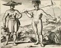 An illustration from De nieuwe en onbekende weereld, of, Beschryving van America en 't zuid-land : vervaetende d'oorsprong der Americaenen en zuid-landers, gedenkwaerdige togten derwaerds, gelegendheid der vaste kusten, eilanden, steden, sterkten, dorpen, tempels, bergen, fonteinen, stroomen, huisen, de natuur van beesten, boomen, planten en vreemde gewasschen, Gods-dienst en zeden, wonderlijke voorvallen, vereeuwde en nieuwe oorlogen: verciert met af-beeldsels na 't leven in America gemaekt, (1671)