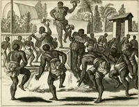 Picture 94 of 130 from De nieuwe en onbekende weereld, of, Beschryving van America en 't zuid-land : vervaetende d'oorsprong der Americaenen en zuid-landers, gedenkwaerdige togten derwaerds, gelegendheid der vaste kusten, eilanden, steden, sterkten, dorpen, tempels, bergen, fonteinen, stroomen, huisen, de natuur van beesten, boomen, planten en vreemde gewasschen, Gods-dienst en zeden, wonderlijke voorvallen, vereeuwde en nieuwe oorlogen: verciert met af-beeldsels na 't leven in America gemaekt, (1671), leaf 447