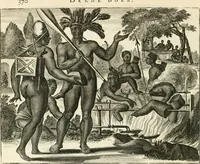 Picture 95 of 130 from De nieuwe en onbekende weereld, of, Beschryving van America en 't zuid-land : vervaetende d'oorsprong der Americaenen en zuid-landers, gedenkwaerdige togten derwaerds, gelegendheid der vaste kusten, eilanden, steden, sterkten, dorpen, tempels, bergen, fonteinen, stroomen, huisen, de natuur van beesten, boomen, planten en vreemde gewasschen, Gods-dienst en zeden, wonderlijke voorvallen, vereeuwde en nieuwe oorlogen: verciert met af-beeldsels na 't leven in America gemaekt, (1671), leaf 451