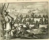 Picture 96 of 130 from De nieuwe en onbekende weereld, of, Beschryving van America en 't zuid-land : vervaetende d'oorsprong der Americaenen en zuid-landers, gedenkwaerdige togten derwaerds, gelegendheid der vaste kusten, eilanden, steden, sterkten, dorpen, tempels, bergen, fonteinen, stroomen, huisen, de natuur van beesten, boomen, planten en vreemde gewasschen, Gods-dienst en zeden, wonderlijke voorvallen, vereeuwde en nieuwe oorlogen: verciert met af-beeldsels na 't leven in America gemaekt, (1671), leaf 455